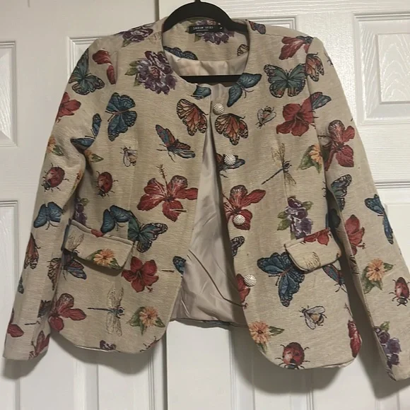 Vintage Style Butterfly Print Collarless Blazer - Picture 3 of 6